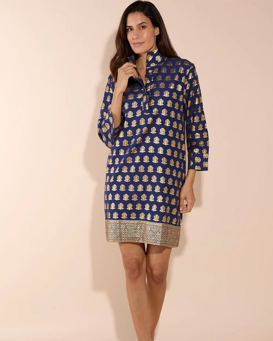 Jude Connally - Helen Dress - Foulard Border Navy Gold