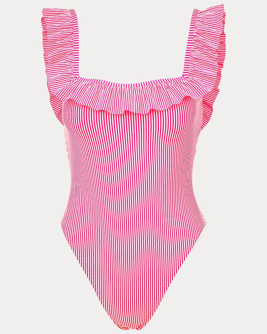 Lilly Pulitzer - Aemma Ruffle One Piece Swimsuit - Cherry Blossom Pink Seersucker Stripe