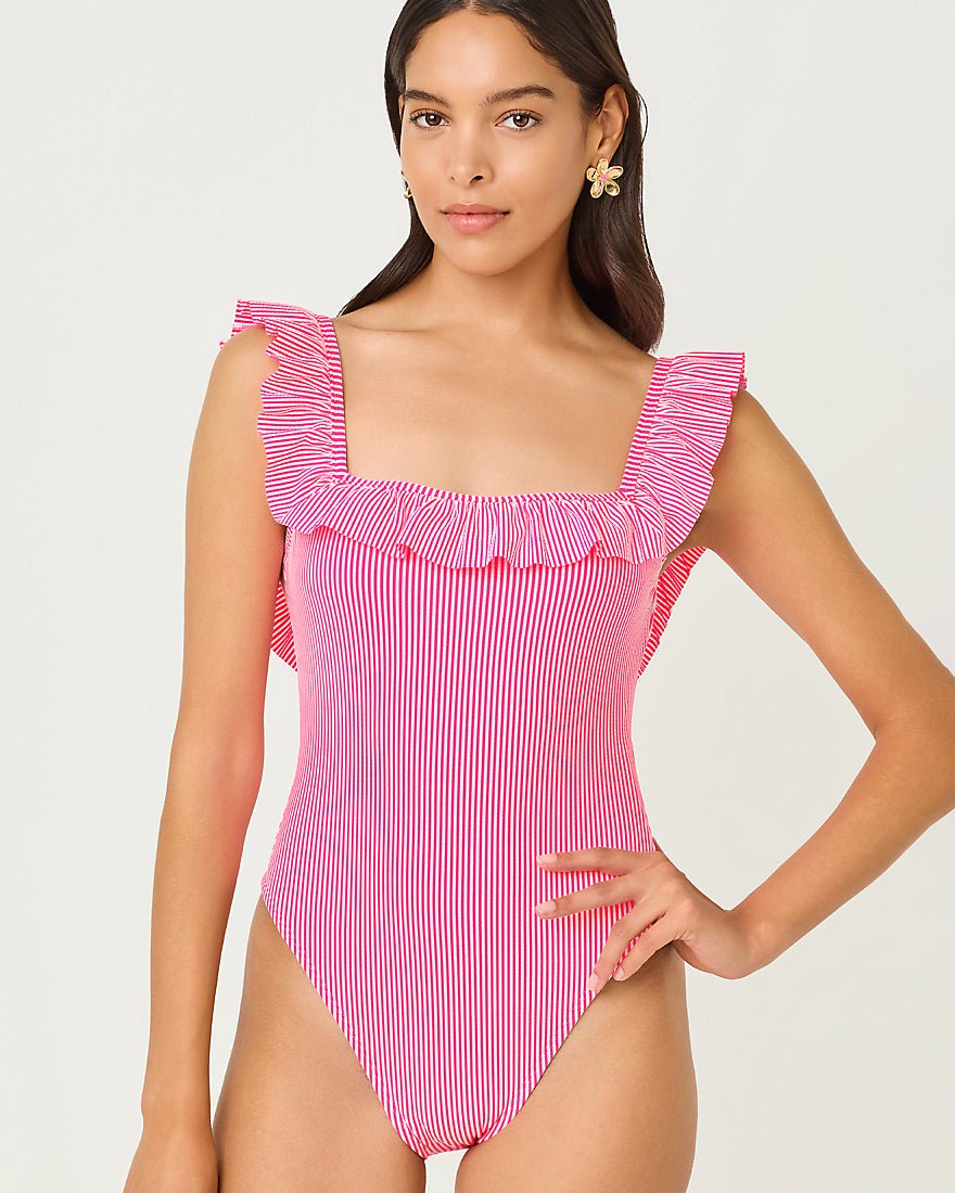Lilly Pulitzer - Aemma Ruffle One Piece Swimsuit - Cherry Blossom Pink Seersucker Stripe