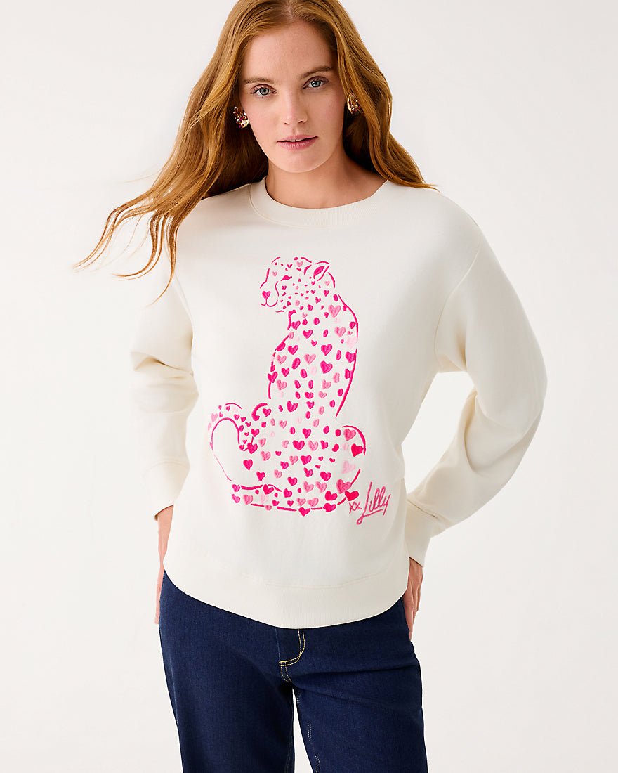 Lilly Pulitzer - Ballad Long Sleeve Sweatshirt - Coconut Love Cat Embroidery