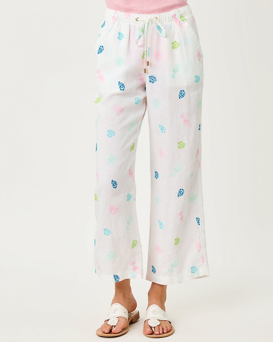 Lilly Pulitzer - Brawley Linen Crop Pant - Multi Beach Treasure Embroidery