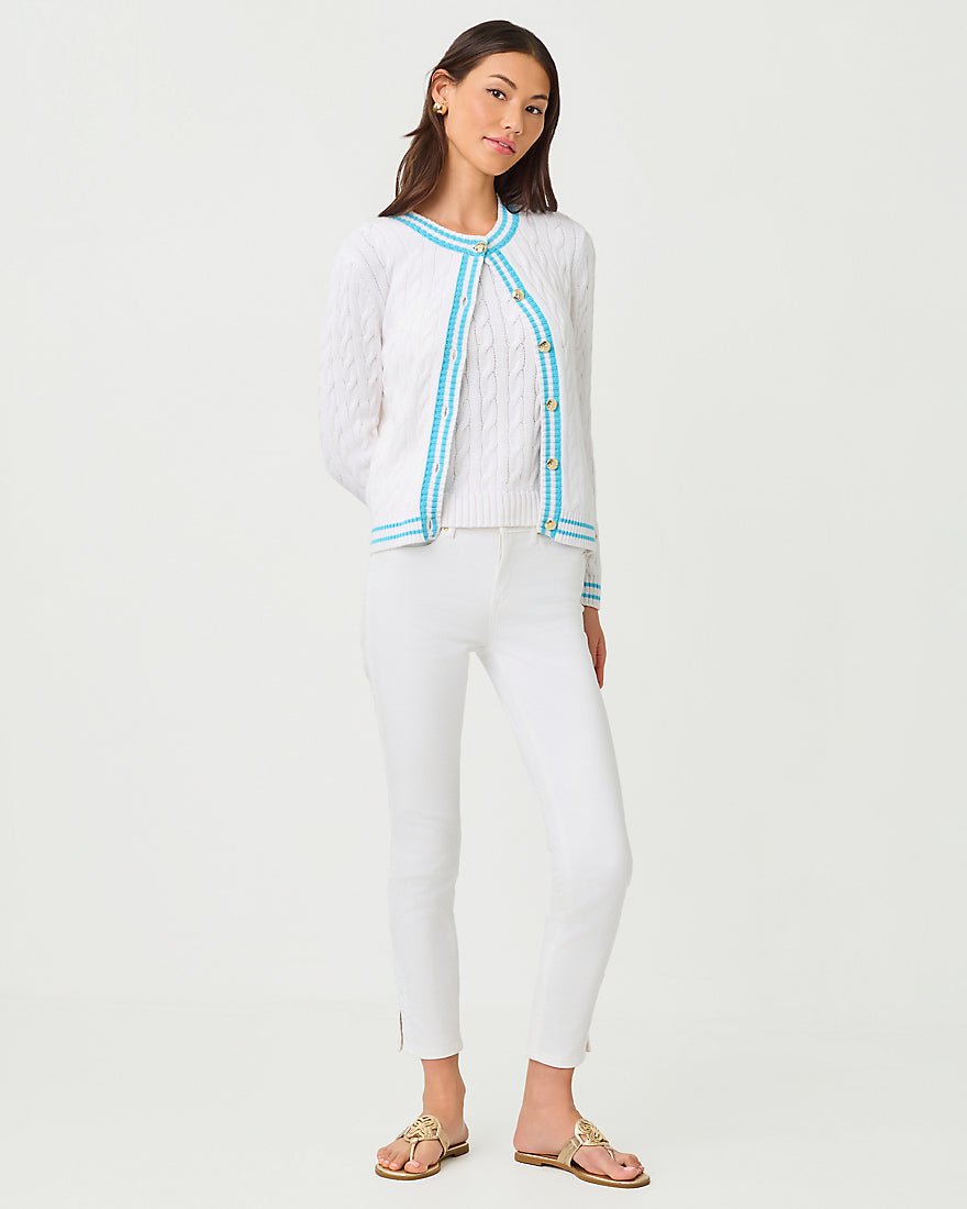 Lilly Pulitzer - Brockton Crew Neck Cardigan - Resort White X Capri Blue Tipping