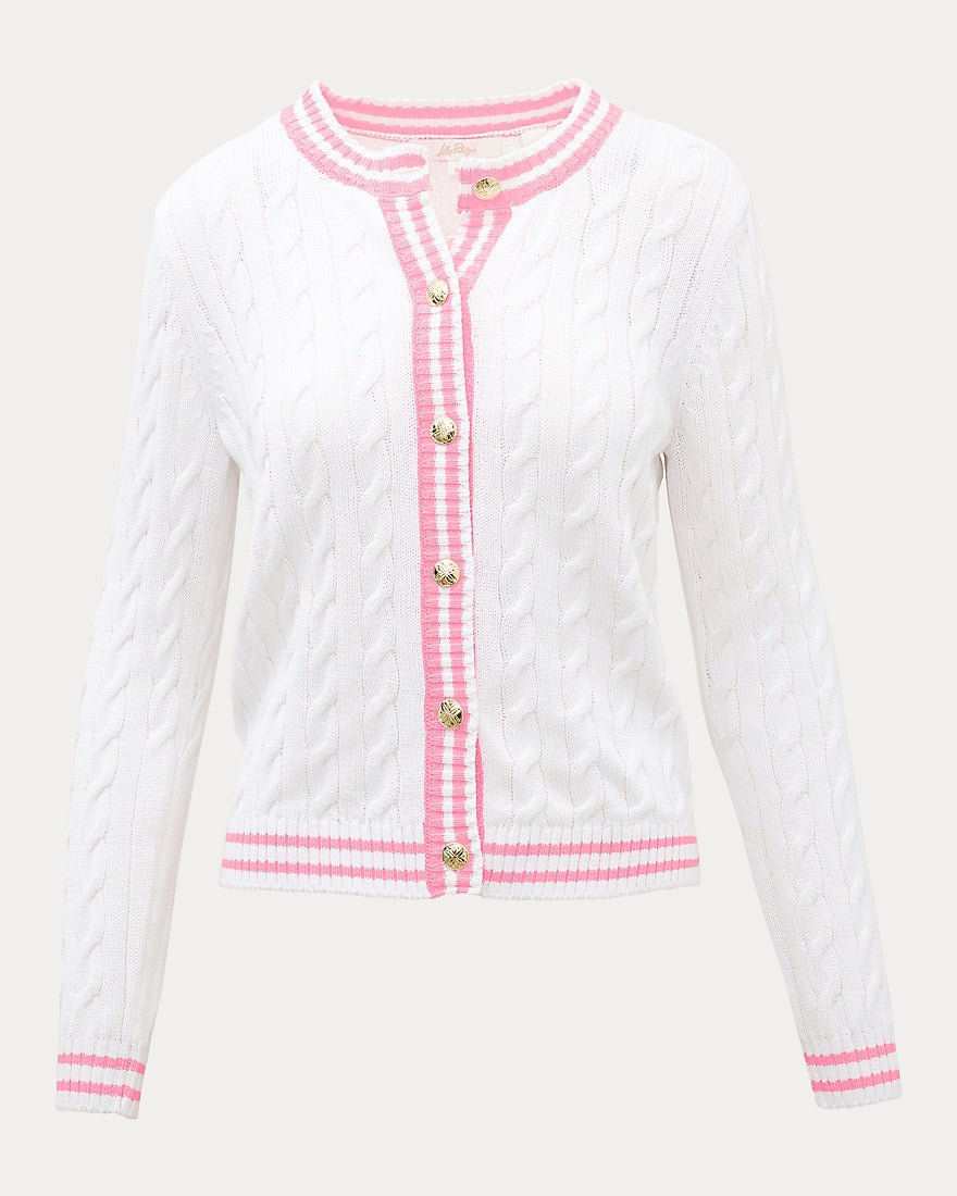 Lilly Pulitzer - Brockton Crew Neck Cardigan - Resort White X Conch Shell Pink Tipping