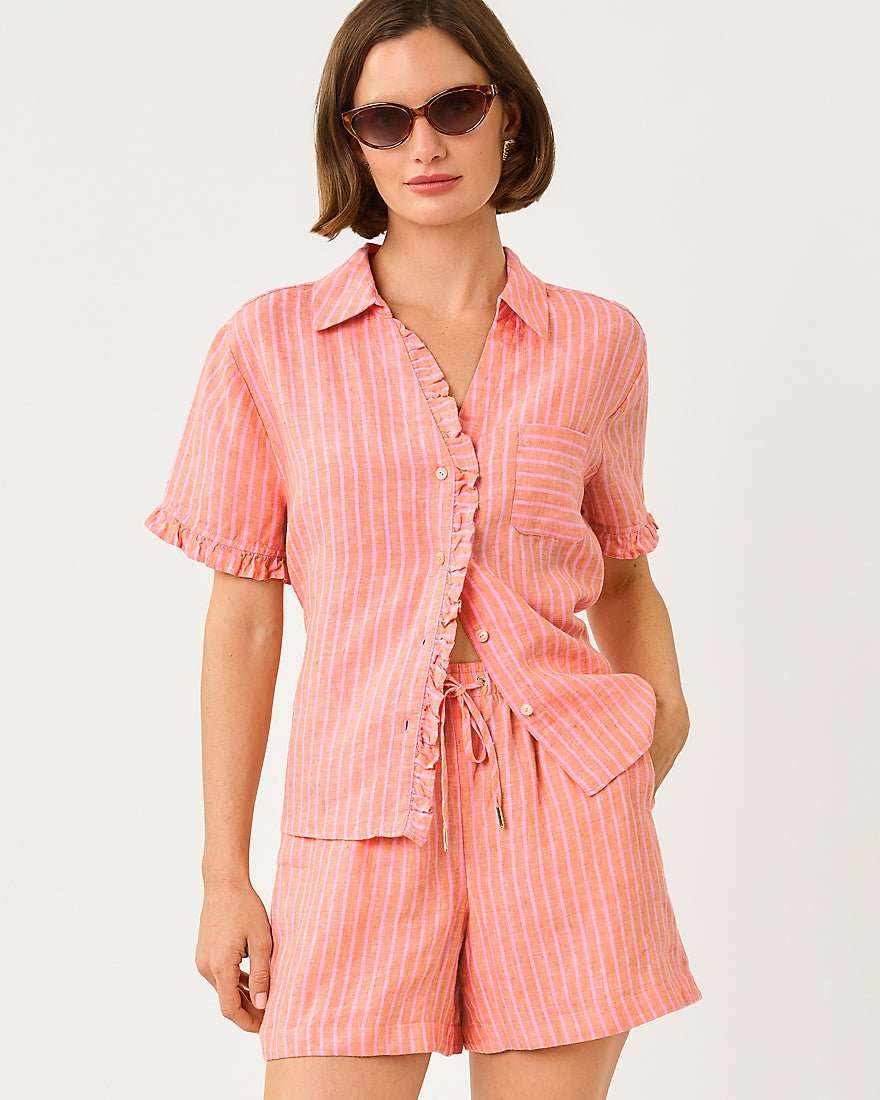 Lilly Pulitzer - Carden Ruffle Top - Sunset Orange X Conch Shell Pink Saint Tropez Stripe