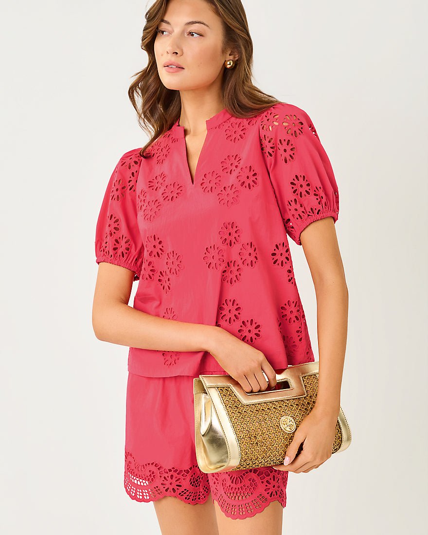 Lilly Pulitzer Castine Short Sleeve Women Top - Paradise Punch Medallion Petals EYELET Lilly Pulitzer Castine Short Sleeve Women Top - Paradise Punch Medallion Petals EYELET