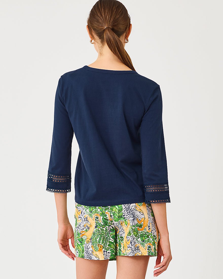 Lilly Pulitzer - Clairmont Three Quarter Sleeved Trimmed Knit Top - Low Tide Navy