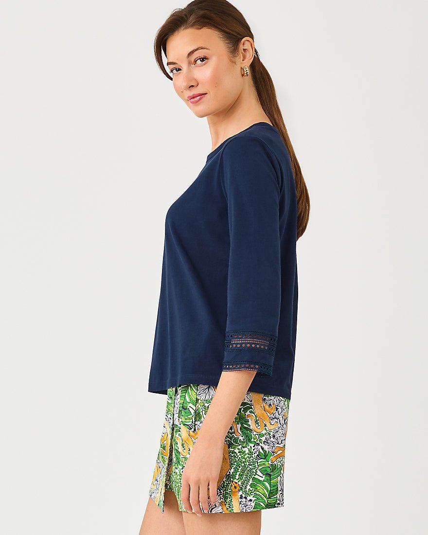 Lilly Pulitzer - Clairmont Three Quarter Sleeved Trimmed Knit Top - Low Tide Navy