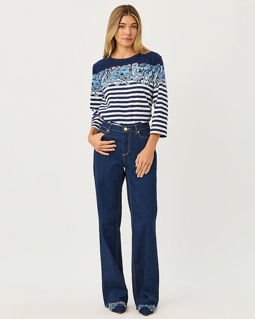 Lilly Pulitzer - Clairmont Three Quarter Sleeved Trimmed Knit Top - Low Tide Navy The Casbah Engineered Stripe