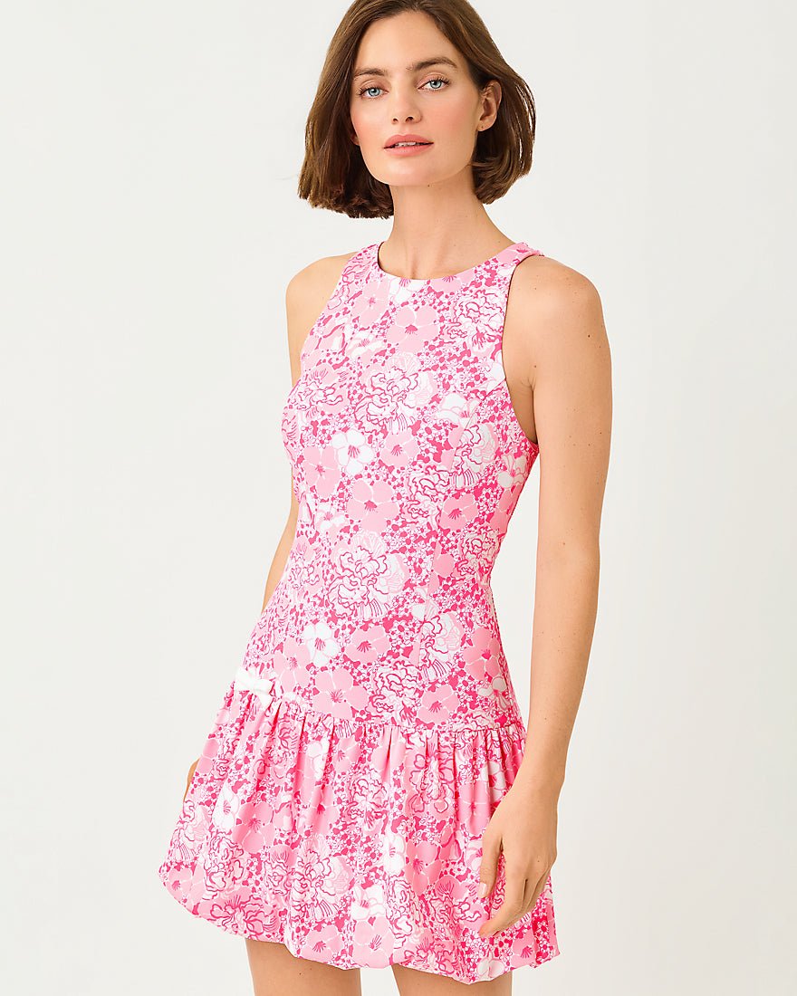 Lilly Pulitzer UPF 50+ Luxletic Delvenie Bubble Hem Dress - Conch Shell Pink Burst Of JOY Lilly Pulitzer UPF 50+ Luxletic Delvenie Bubble Hem Dress - Conch Shell Pink Burst Of JOY