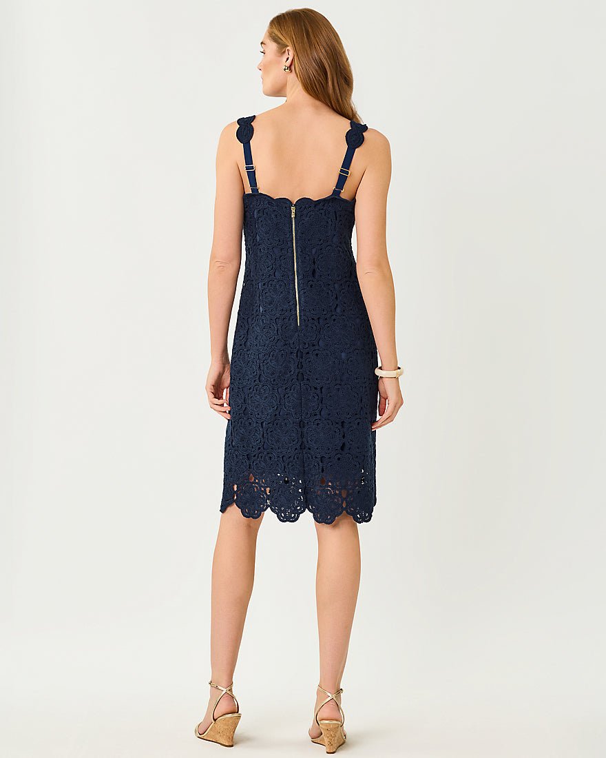 Lilly Pulitzer - Fabian Crochet Midi Dress - Low Tide Navy Rosebud Knit Crochet Panel