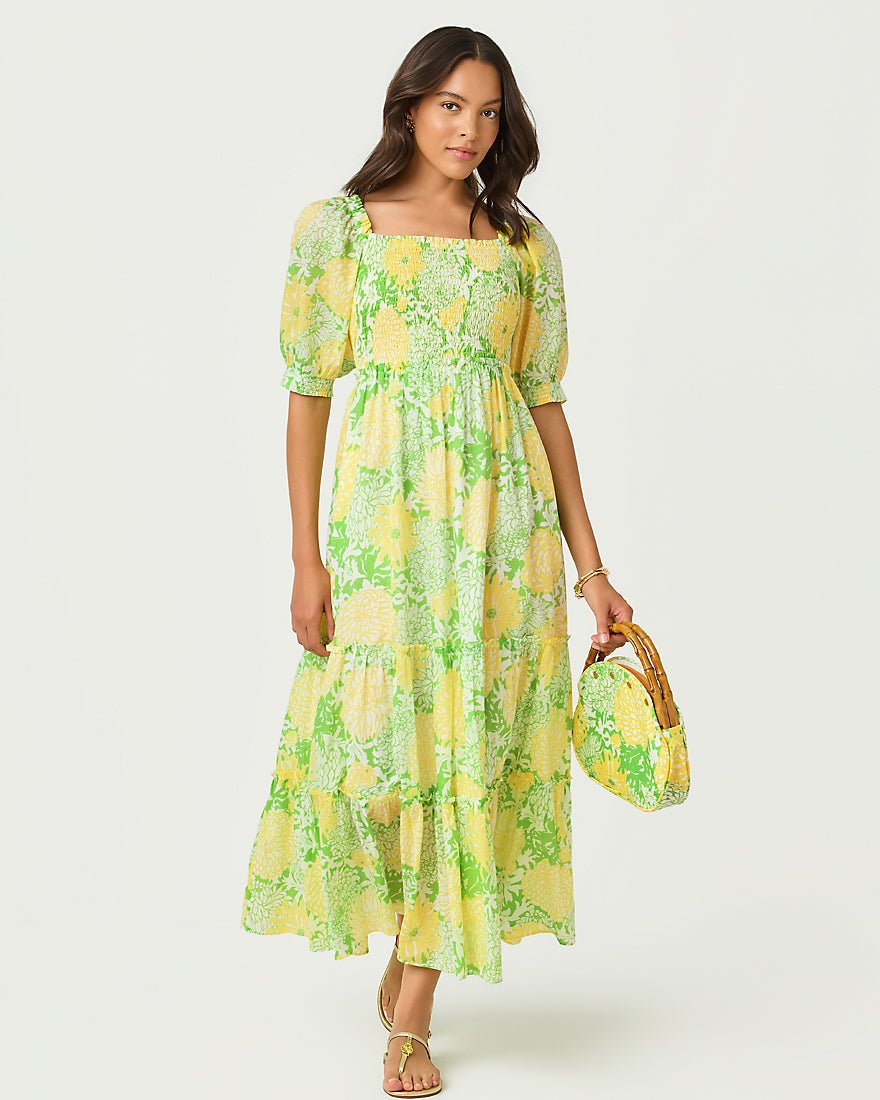 Lilly Pulitzer - Hadly Short Sleeve Smocked Maxi Dress - Crocodile Green Mumbo Jumbo