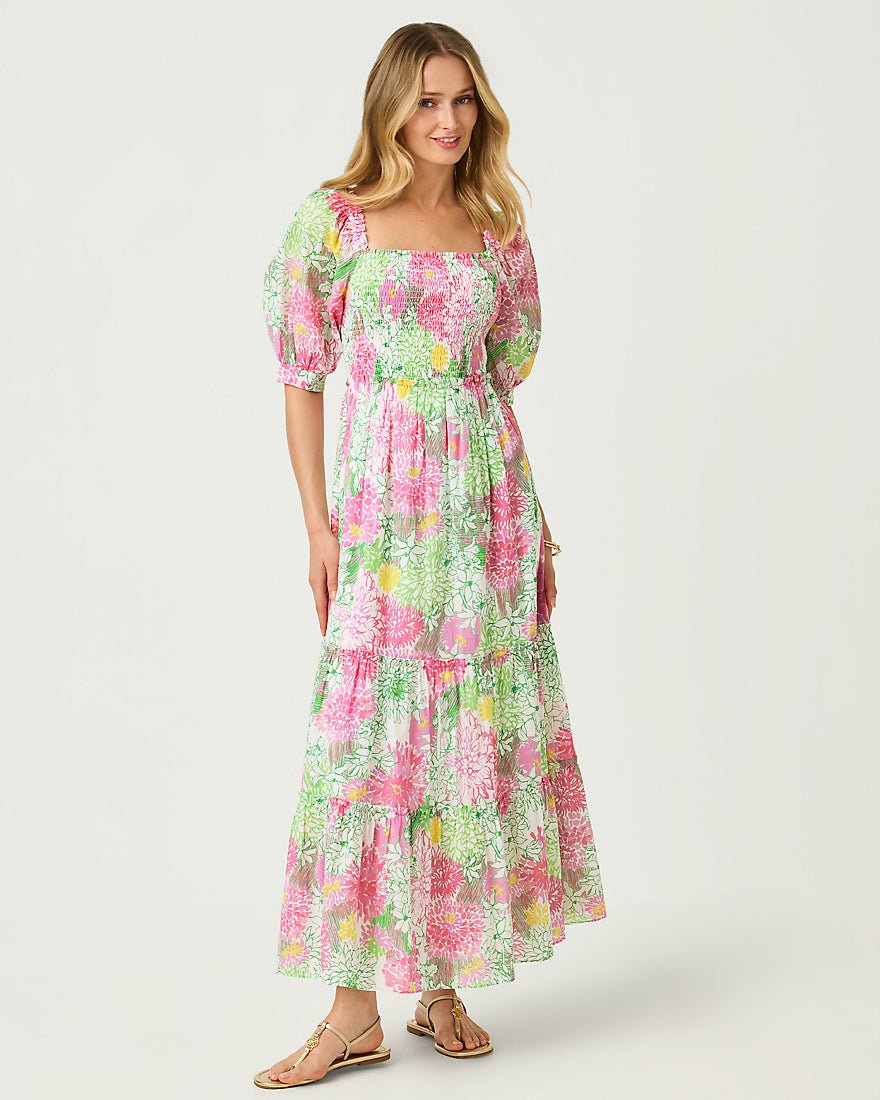 Lilly Pulitzer - Hadly Short Sleeve Smocked Maxi Dress - Resort White Mum Patch