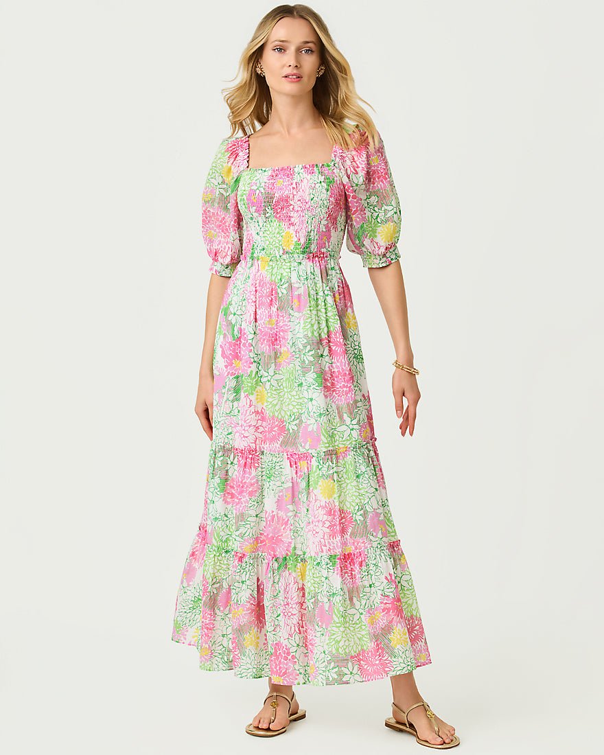 Lilly Pulitzer - Hadly Short Sleeve Smocked Maxi Dress - Resort White Mum Patch