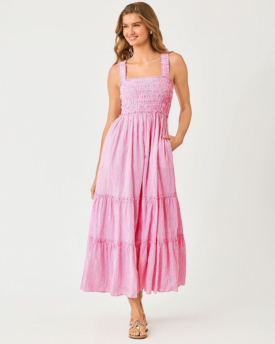 Lilly Pulitzer - Hadly Smocked Maxi Dress - Cherry Blossom Pink Ltwt Oxford Stripe