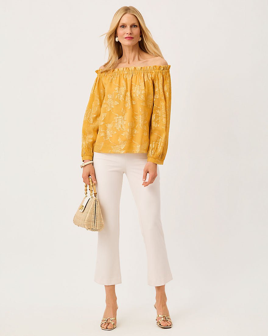 Lilly Pulitzer - Kalinda Off The Shoulder Top - Topaz Yellow Falling Floral Viscose Metallic Clip