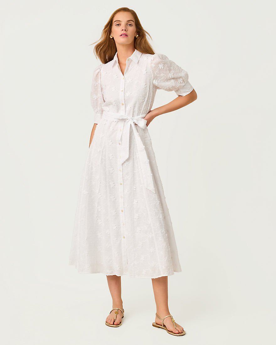 Lilly Pulitzer - Larkyn Midi Shirtdress - Resort White Monarch Embroidered Cotton Swiss Dot