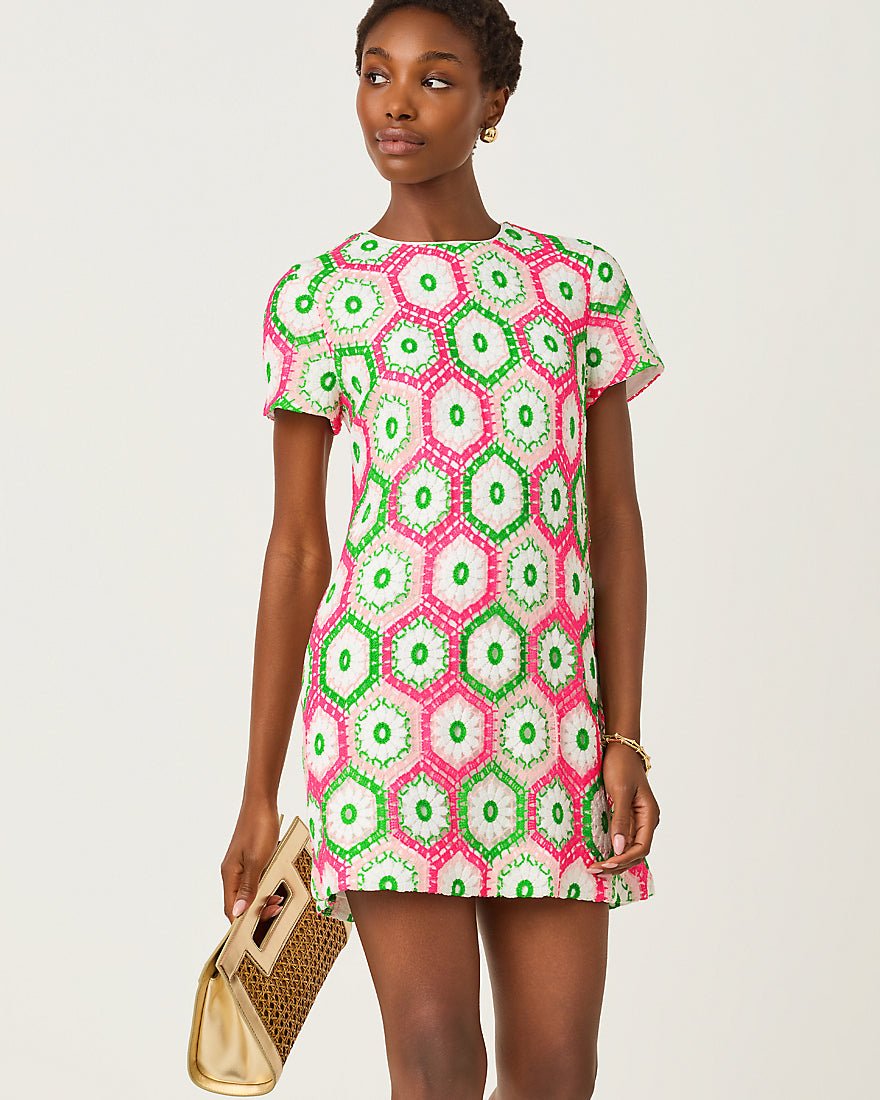 Lilly Pulitzer - Leyla Shift Dress - Cherry Blossom Pink Daisy Hex Crochet