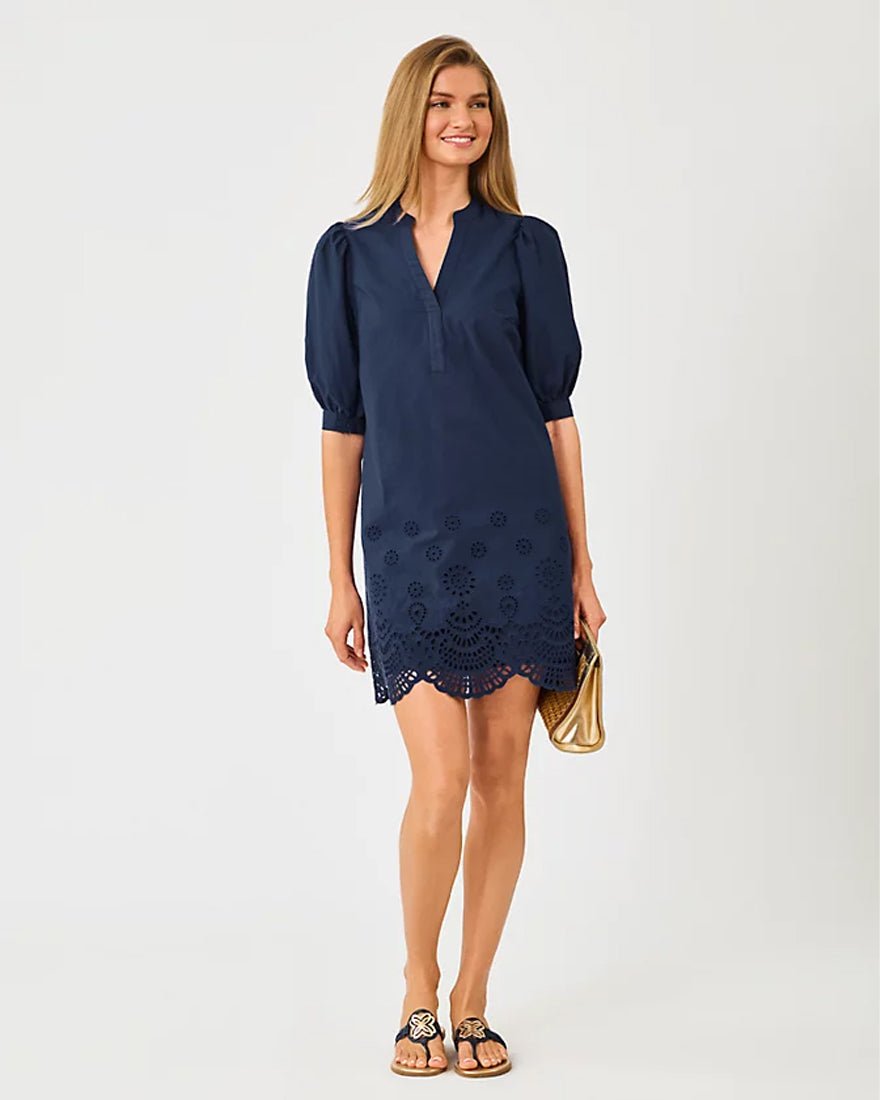 Lilly Pulitzer - Mialeigh Elbow Sleeve Dress - Low Tide Navy Scalloped Eyelet Border Poplin
