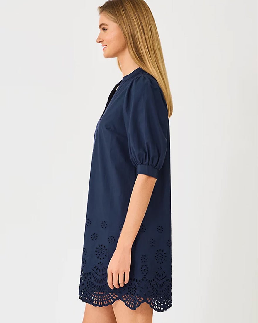 Lilly Pulitzer - Mialeigh Elbow Sleeve Dress - Low Tide Navy Scalloped Eyelet Border Poplin