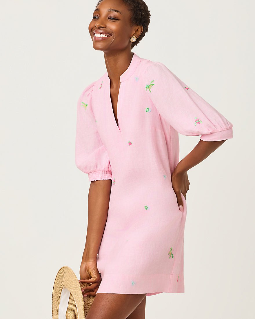 Lilly Pulitzer - Mialeigh Elbow Sleeve Linen Dress - Conch Shell Pink Derby Ditsy Embroidery