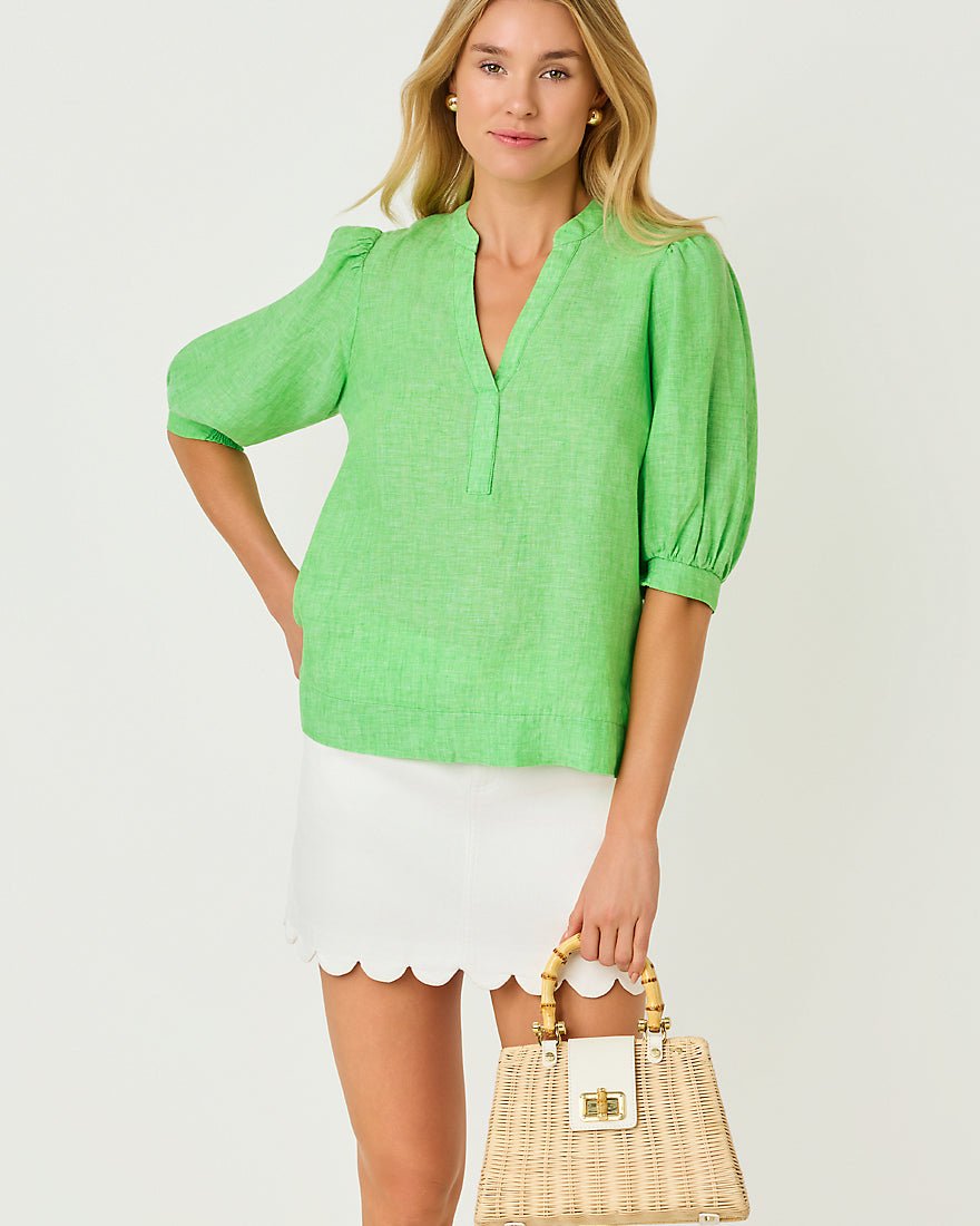 Lilly Pulitzer - Mialeigh Elbow Sleeve Linen Top - Putting Green X Resort White