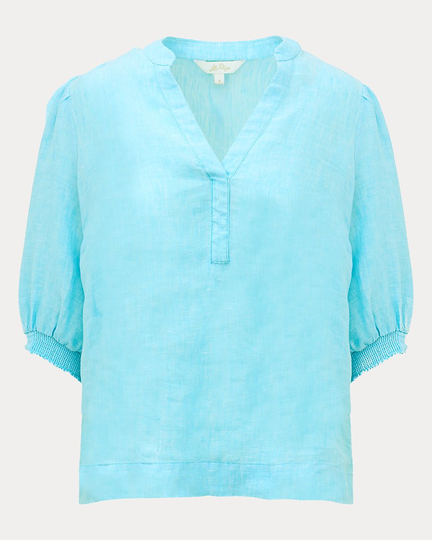 Lilly Pulitzer - Mialeigh Elbow Sleeve Linen Top - Putting Green X Resort White