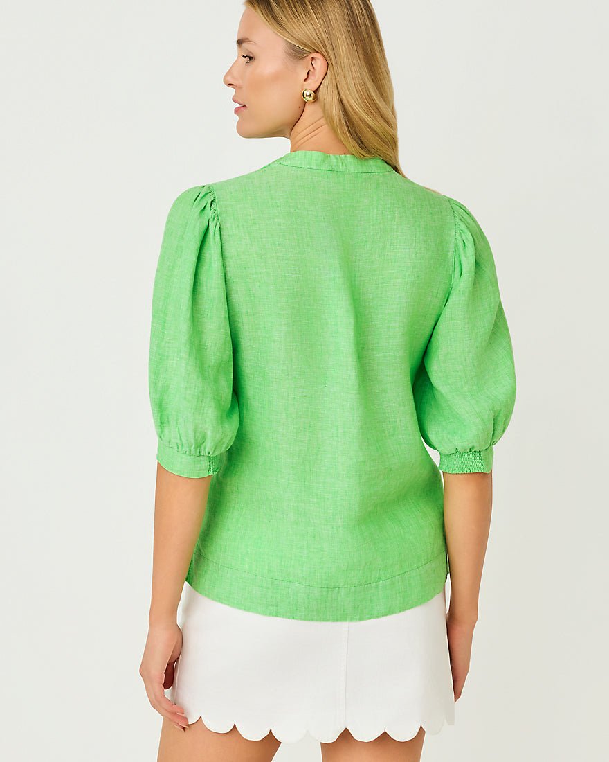 Lilly Pulitzer - Mialeigh Elbow Sleeve Linen Top - Putting Green X Resort White