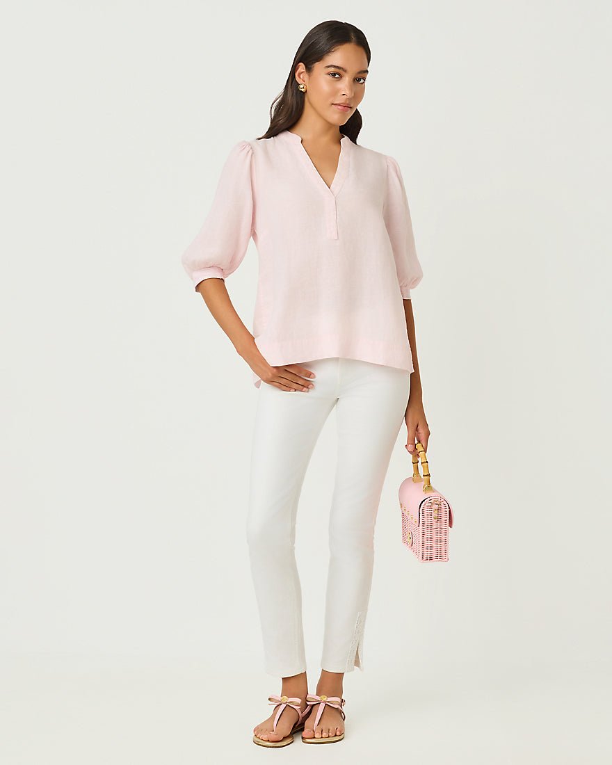 Lilly Pulitzer - Mialeigh Elbow Sleeve Linen Top - Putting Green X Resort White