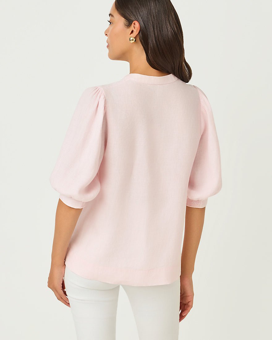 Lilly Pulitzer - Mialeigh Elbow Sleeve Linen Top - Putting Green X Resort White