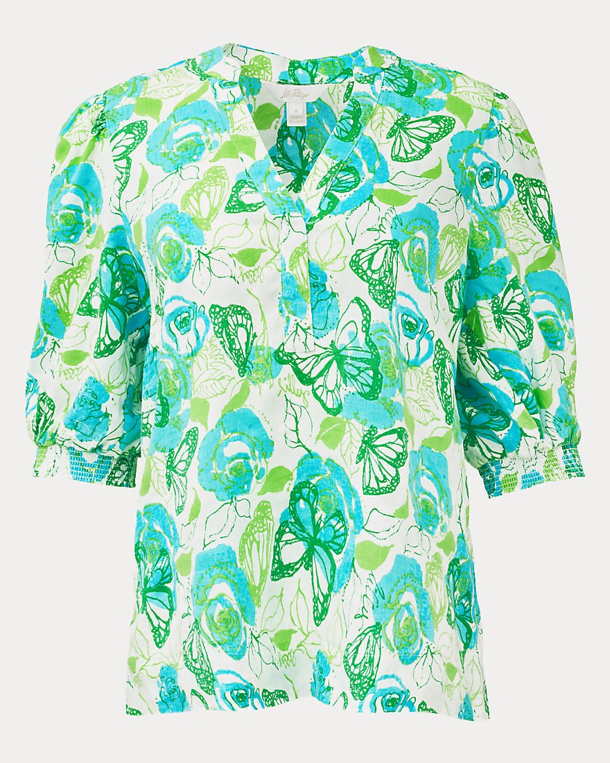 Lilly Pulitzer - Mialeigh Elbow Sleeve Linen Top - Resort White Monarch Rose