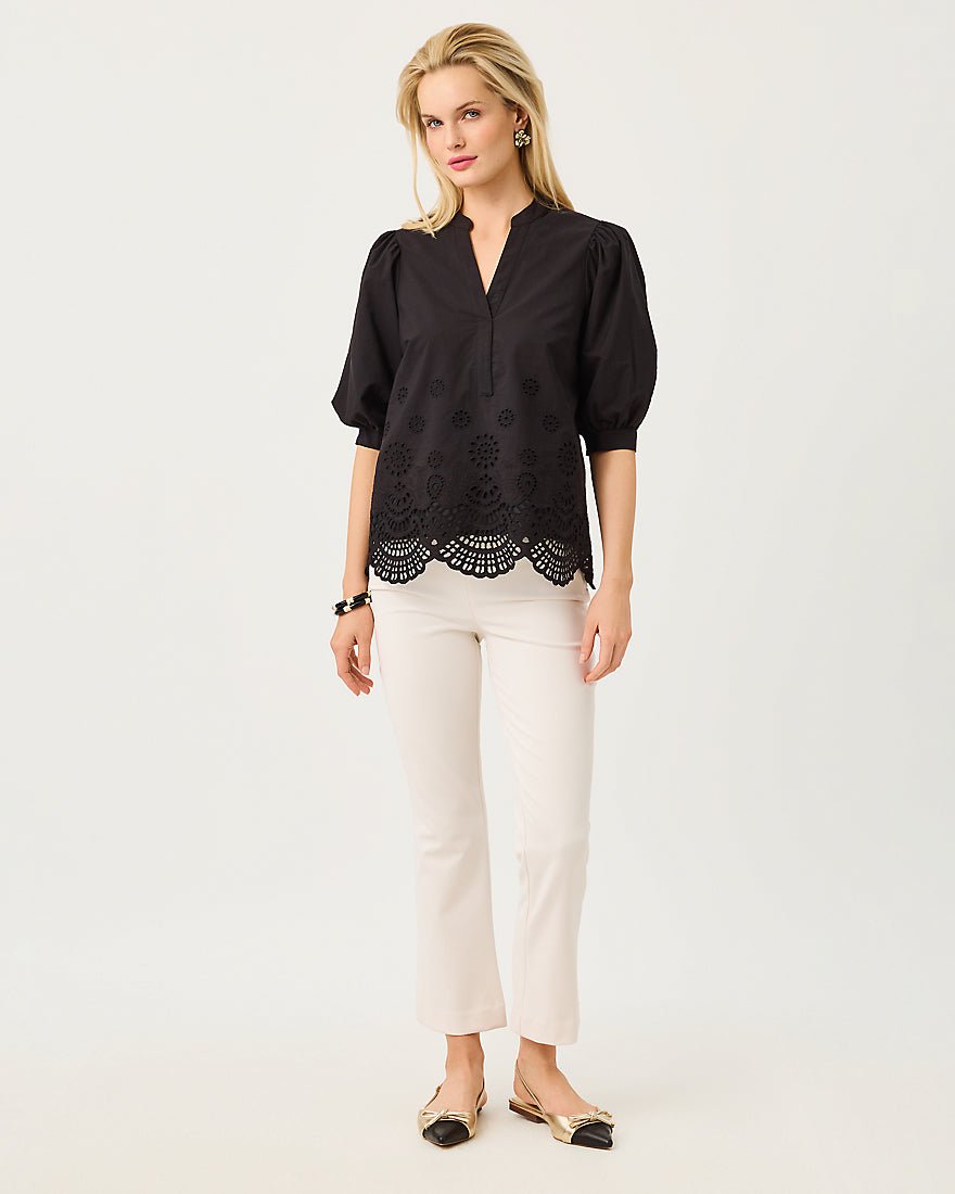 Lilly Pulitzer - Mialeigh Top - Noir Scalloped Eyelet Border Poplin