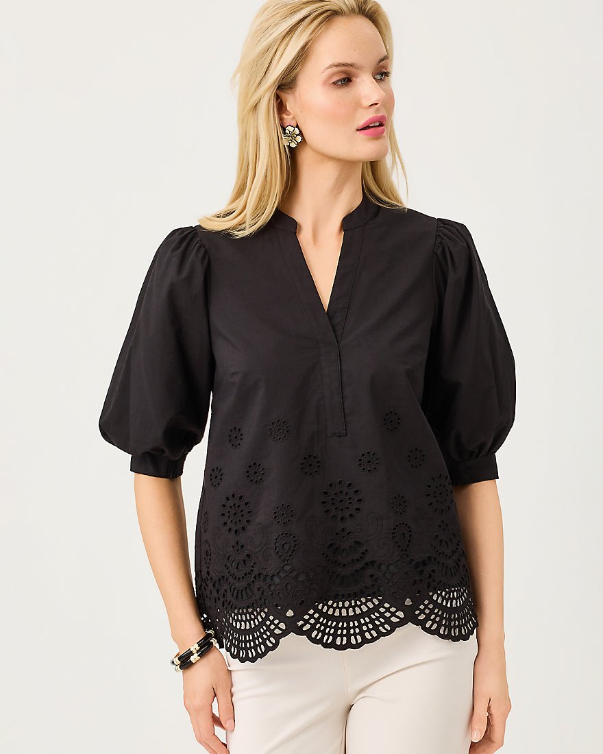 Lilly Pulitzer - Mialeigh Top - Noir Scalloped Eyelet Border Poplin
