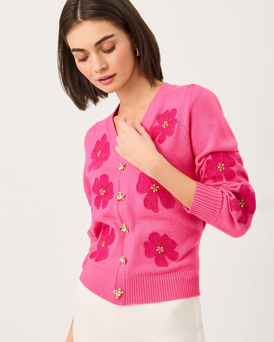 Lilly Pulitzer - Millard Sweater - Pink Aster Big Lillys Flower Embroidery