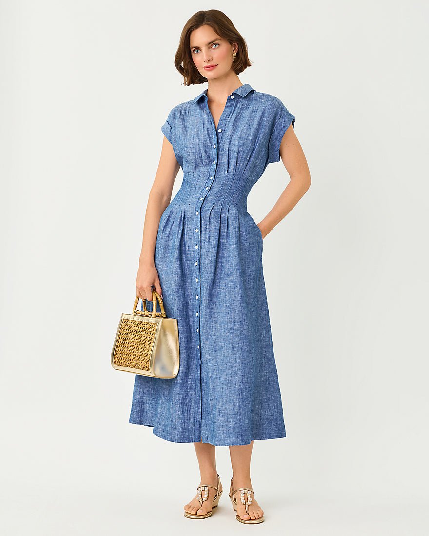 Tonya Linen Midi Shirtdress - Starlight Navy X Resort White 00 Tonya Linen Midi Shirtdress - Starlight Navy X Resort White 00