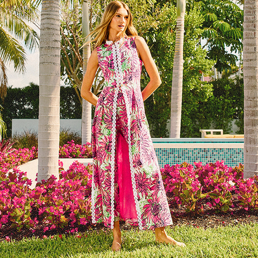 Lilly Pulitzer Loradonna Stretch Midi Dress - Sun Shell Pink Festive Fronds1