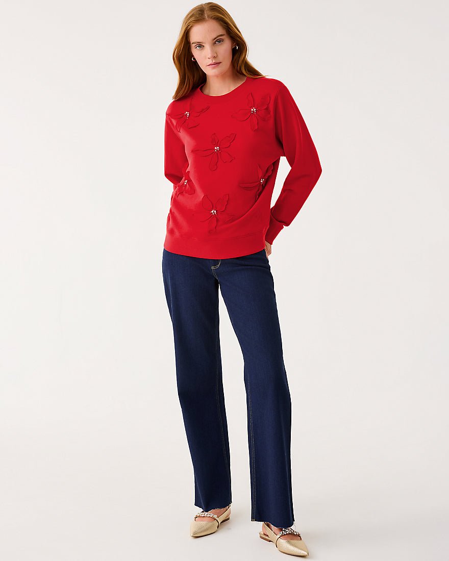 Ballad Long Sleeve Sweatshirt - Cranberry Red Poinsettia Embellishment