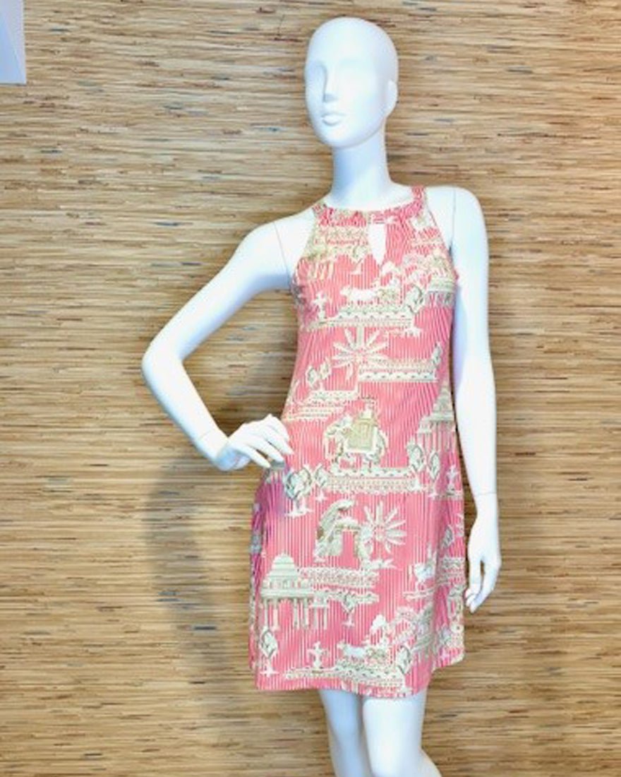 Basic Keyhole Shift Dress - Cabana Stripe Coral Khaki