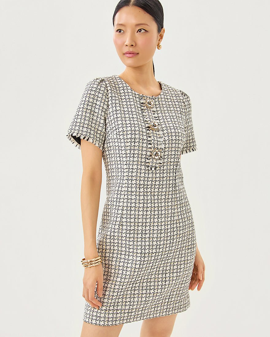 Brenda Boucle Dress - Coconut Lurex Houndstooth Boucle