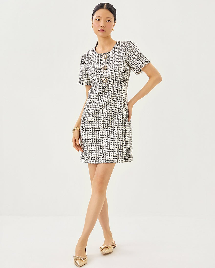 Brenda Boucle Dress - Coconut Lurex Houndstooth Boucle