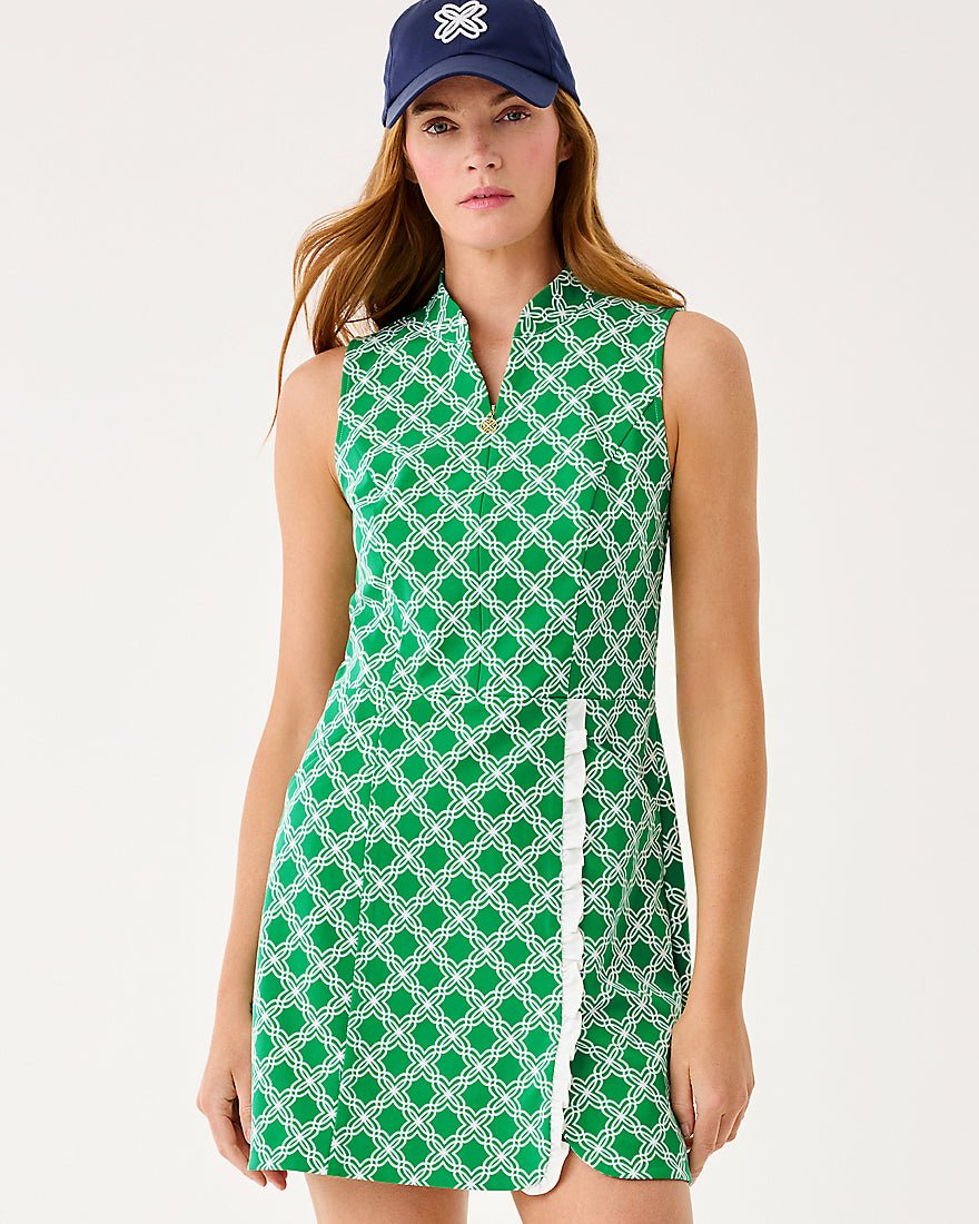 Lilly Pulitzer - Catarina Ruffle Dress Upf 50 Plus - Bamboo Green Boo Green Open Butterfly Pattern