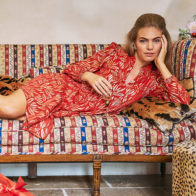 Lilly Pulitzer Cornellia Silk Dress Cranberry Red Leafy Babe Metallic Silk Clip