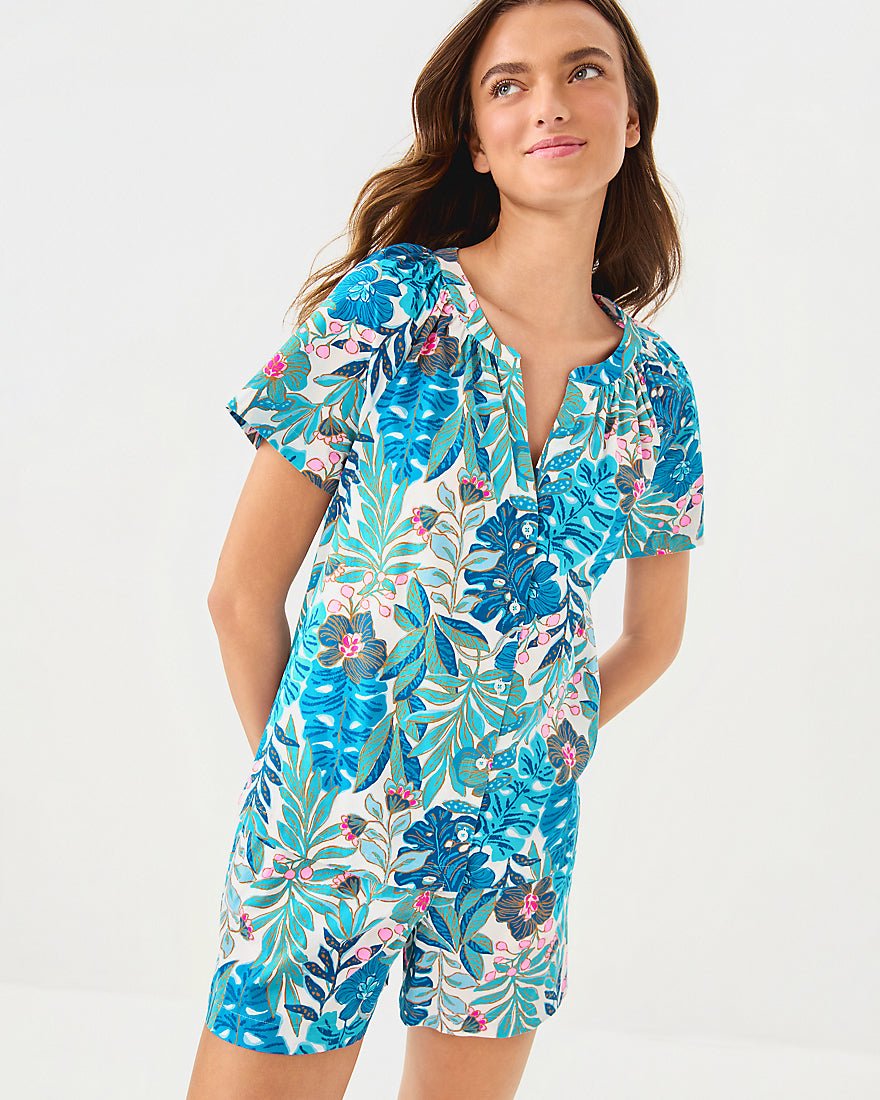 Darcey Pj Woven Top - Breezy Aqua Best Fronds Forever