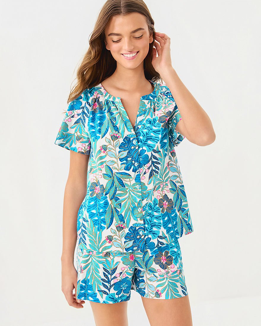 Darcey Pj Woven Top - Breezy Aqua Best Fronds Forever