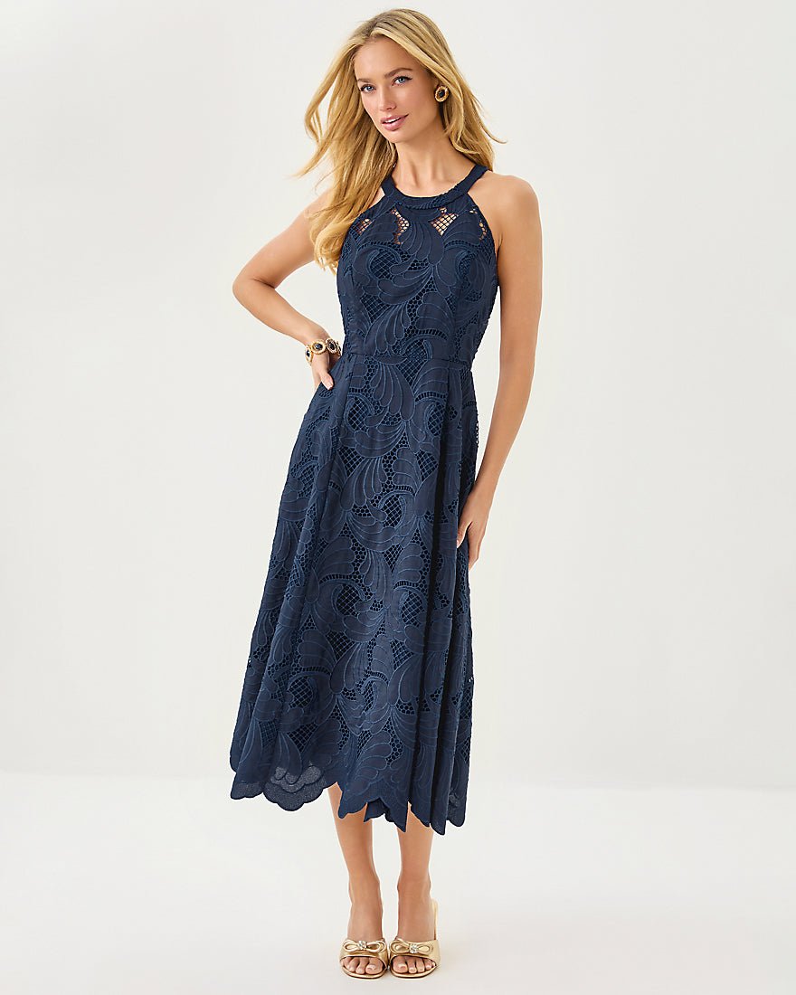 Denise Lace Midi Dress - Low Tide Navy Sway With Me Scalloped Lace