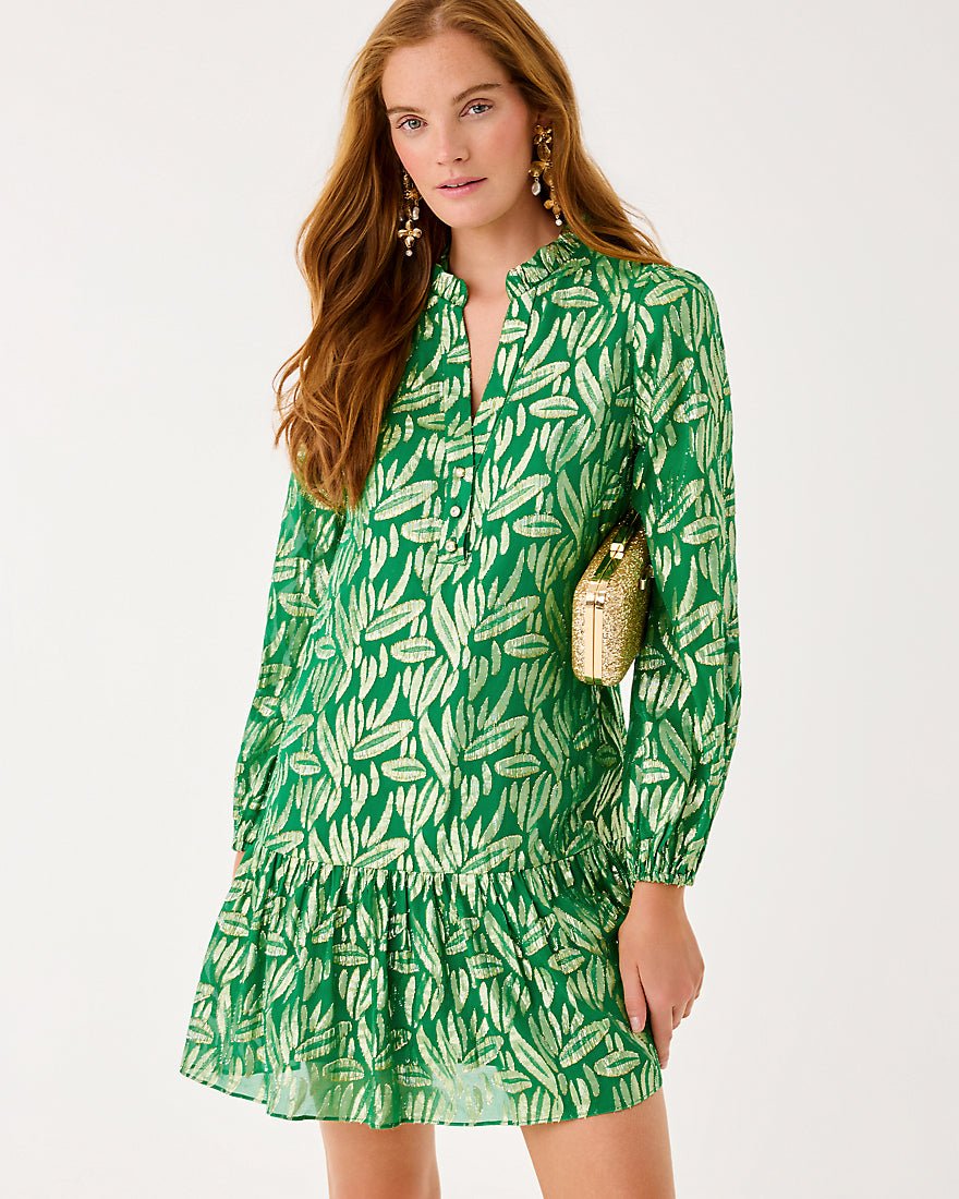 Lilly Pulitzer - Evaline Silk Dress - Bamboo Green Leafy Babe Metallic Silk Clip