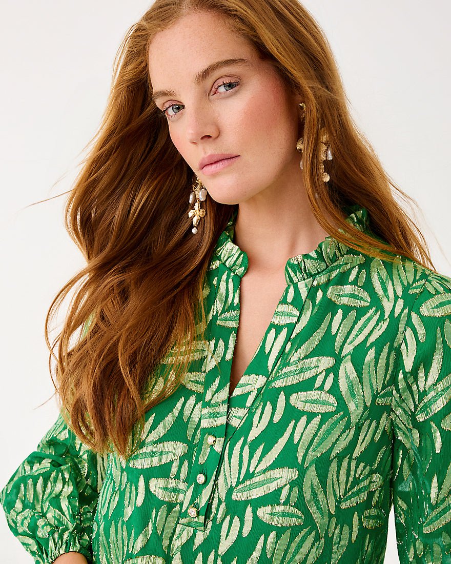 Lilly Pulitzer - Evaline Silk Dress - Bamboo Green Leafy Babe Metallic Silk Clip