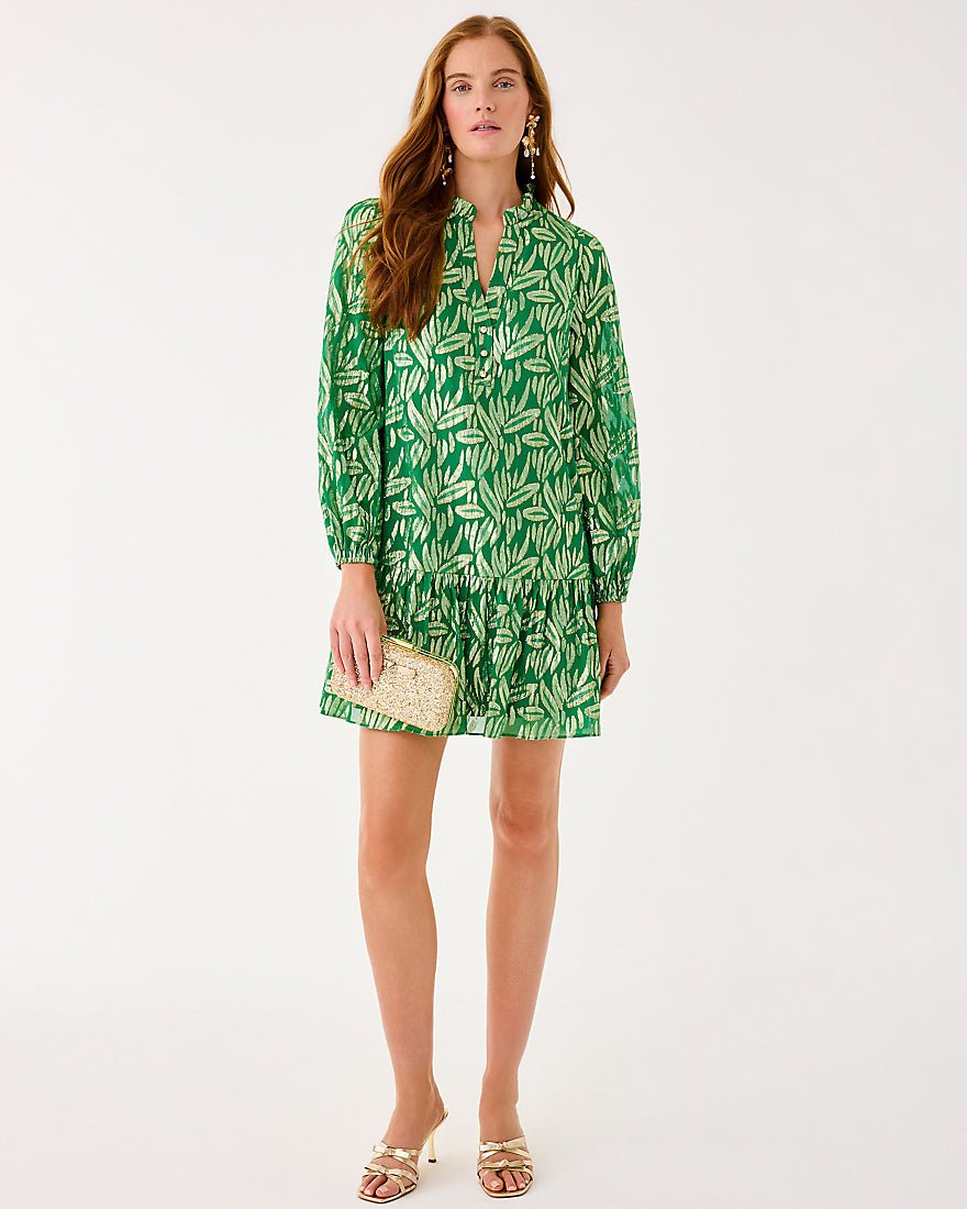Lilly Pulitzer - Evaline Silk Dress - Bamboo Green Leafy Babe Metallic Silk Clip
