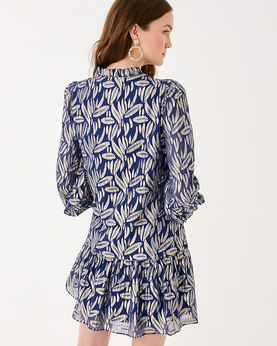 Evaline Silk Dress - Low Tide Navy Leafy Babe Metallic Silk Clip