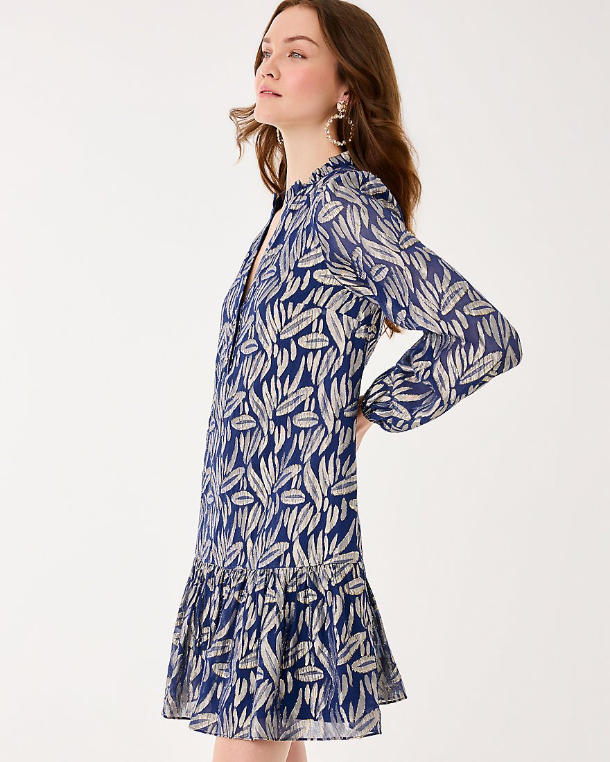 Evaline Silk Dress - Low Tide Navy Leafy Babe Metallic Silk Clip