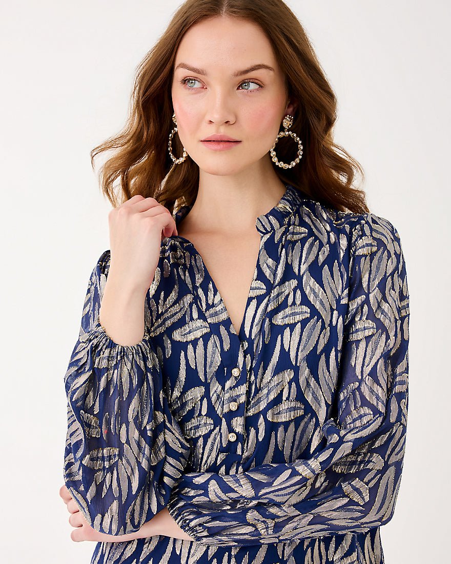 Evaline Silk Dress - Low Tide Navy Leafy Babe Metallic Silk Clip